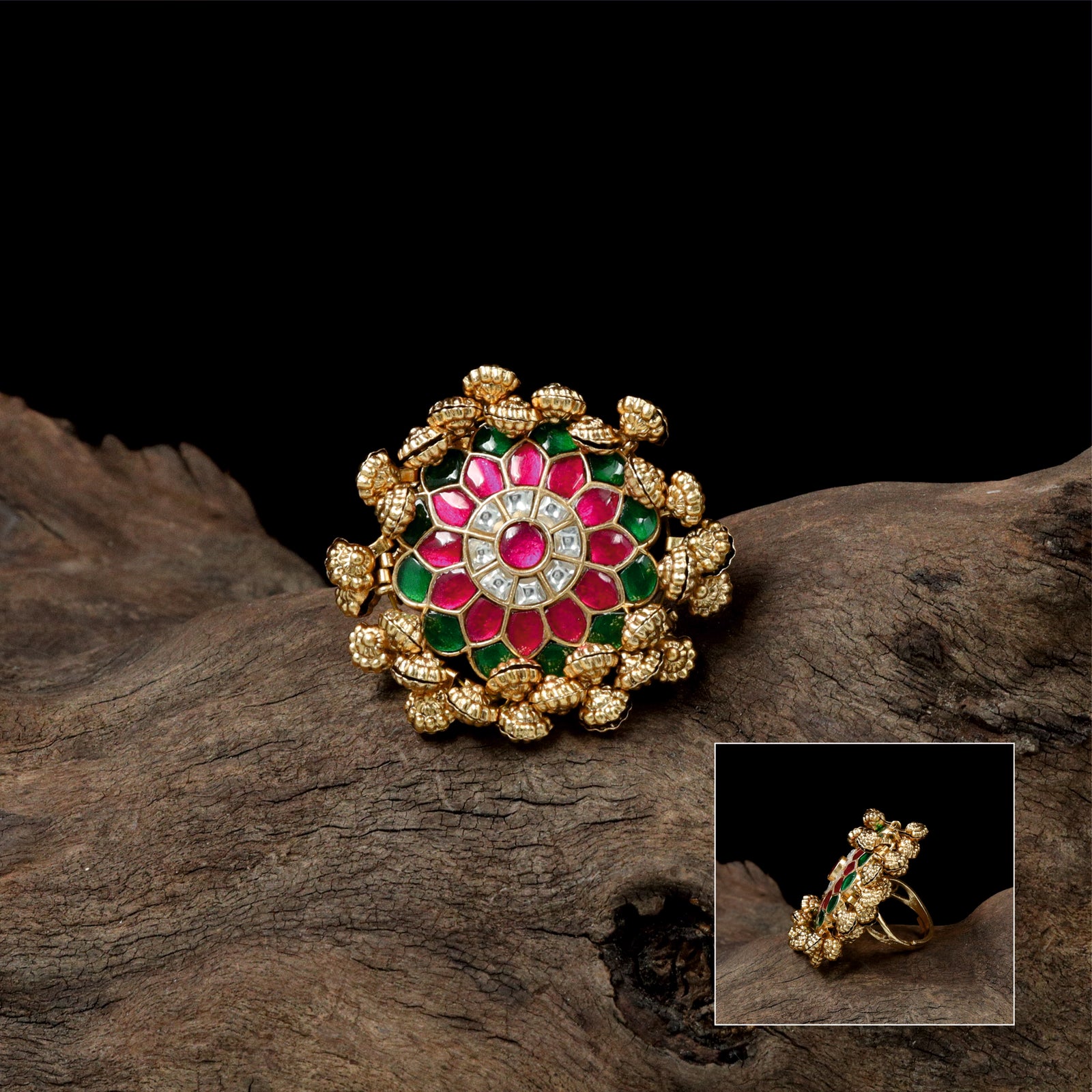 Radiant Floral Cluster Jadau Finger Ring with Circular Petal Layout