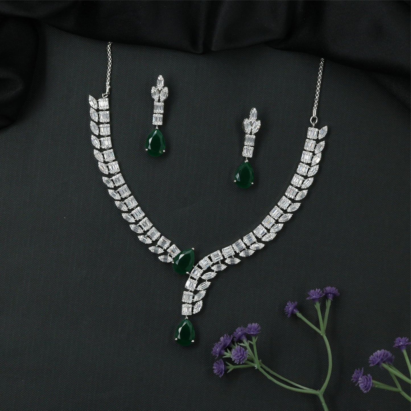 Sleek V Curve Rhodium Necklace with Structured Link Rows and Drop Pendant