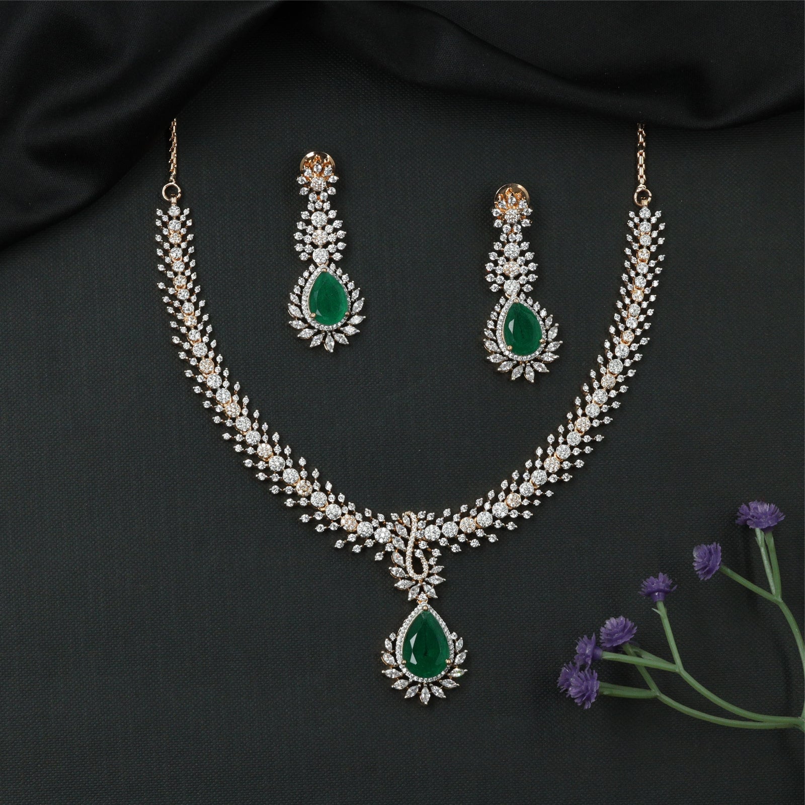Glissara Curve Necklace with Fine Cluster Rows and Central Hanging Drop