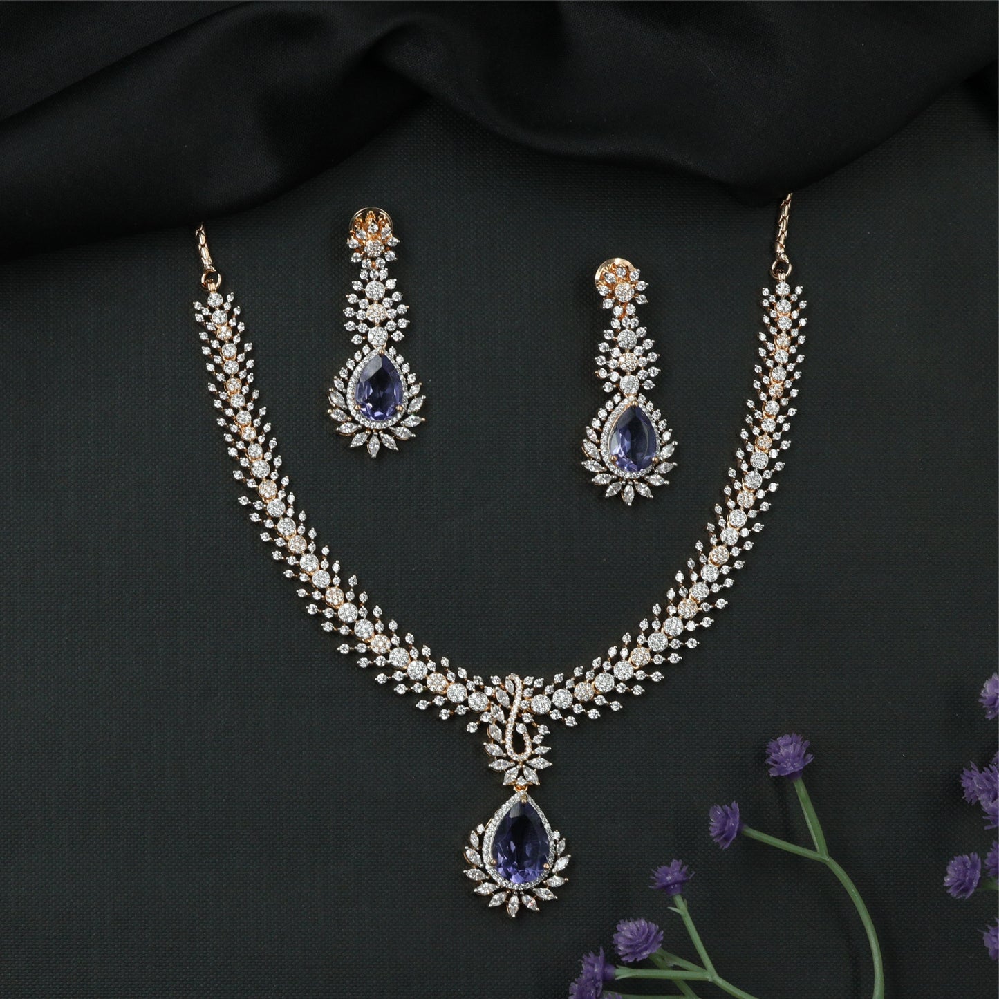 Glissara Curve Necklace with Fine Cluster Rows and Central Hanging Drop