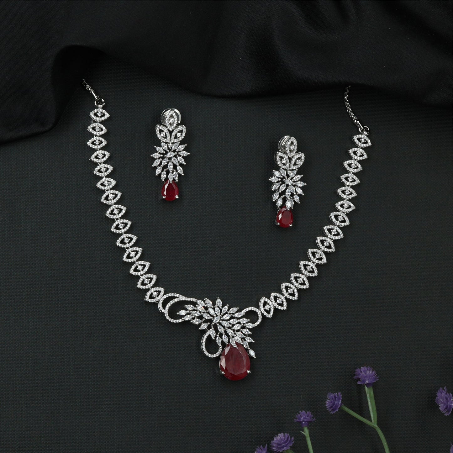 Elegant Marquise Link Rhodium Necklace with Central Floral Cluster Pendant