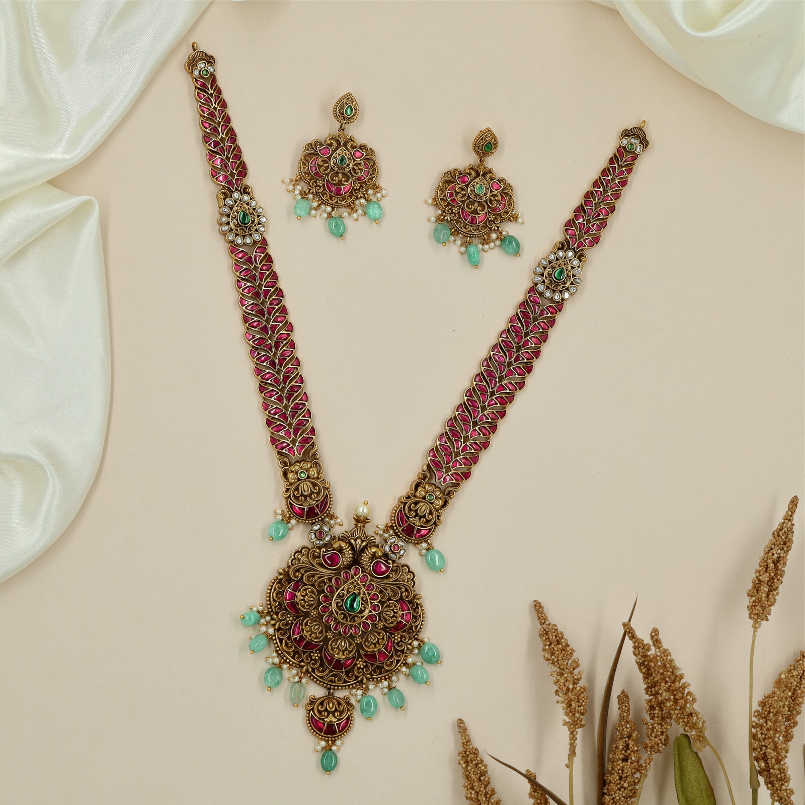 Detailed Peacock Long Haara with Broad Center Pendant