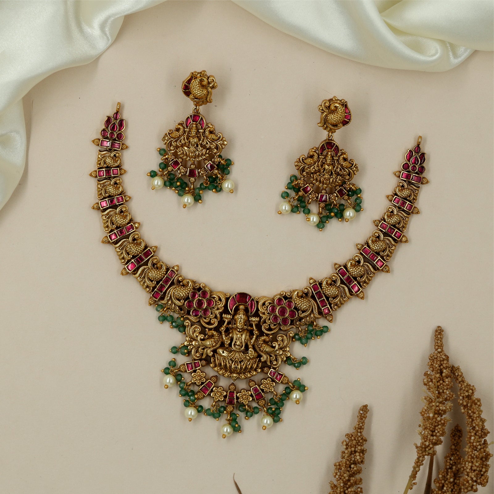 Premium Lakshmi Cutwork Antique Necklace with Fringe Drop Finish