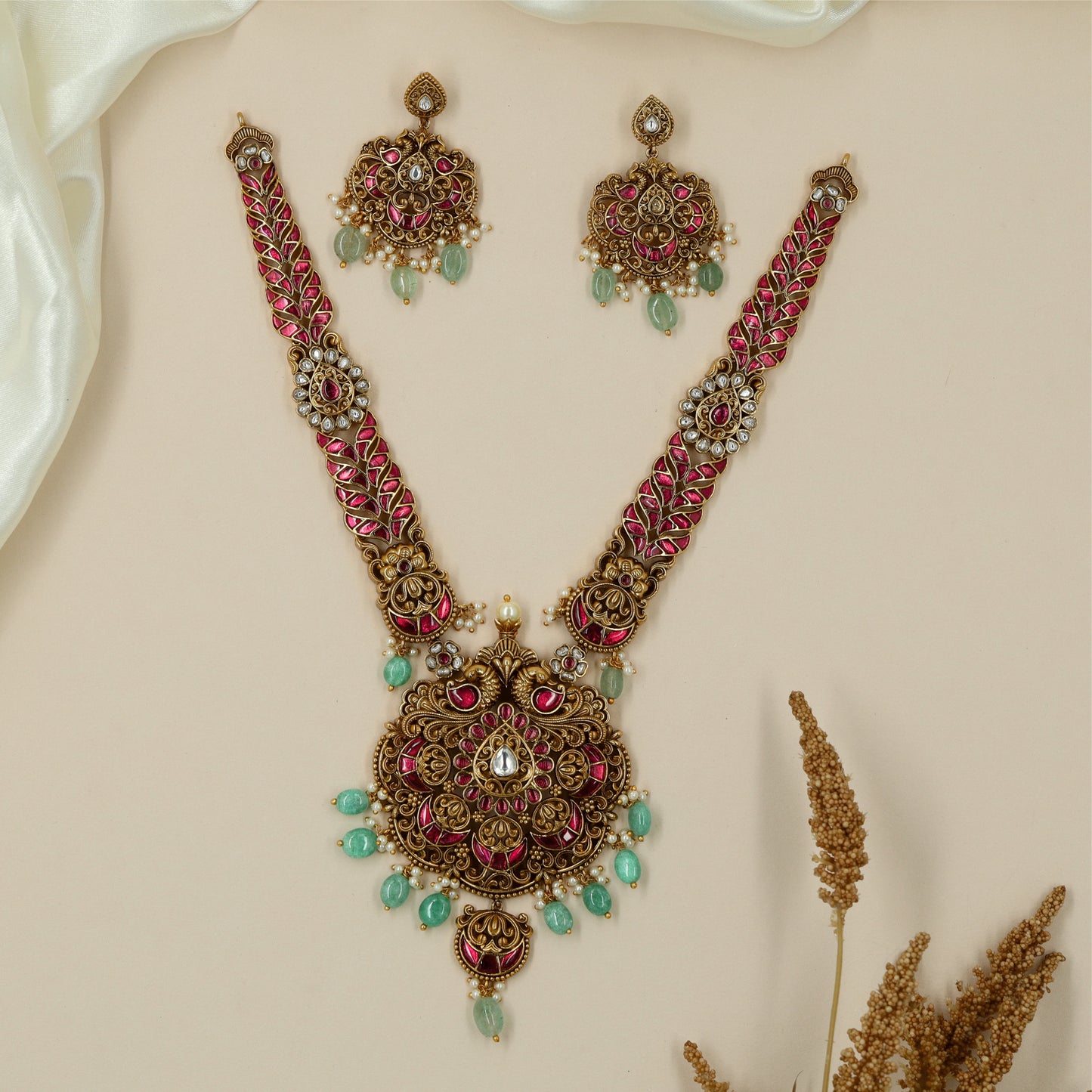 Royal Peacock Panel Antique Necklace with Grand Circular Pendant Drop