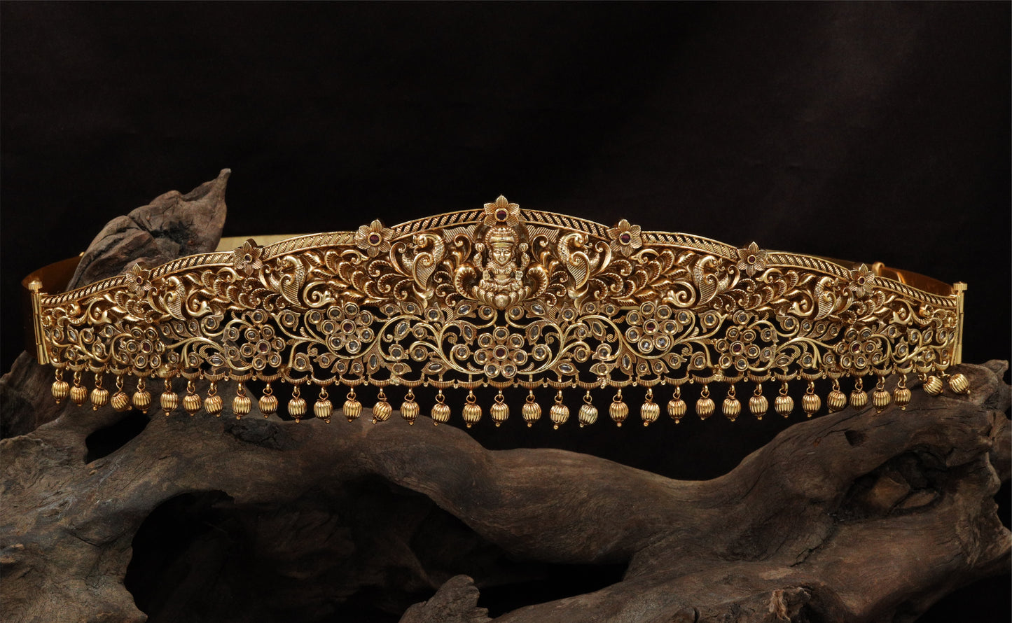 Grand Peacock Antique Dabu with Floral Clusters and Curved Frame