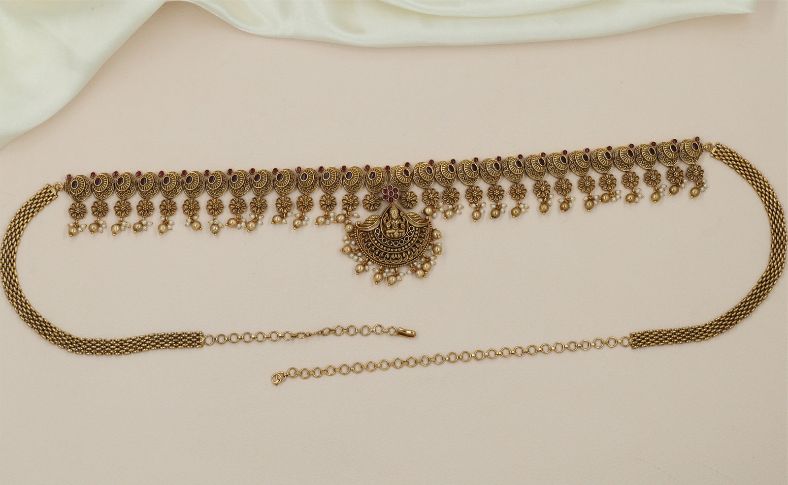 Crescent Lakshmi Antique Waist Belt with Hanging Floral Fringe