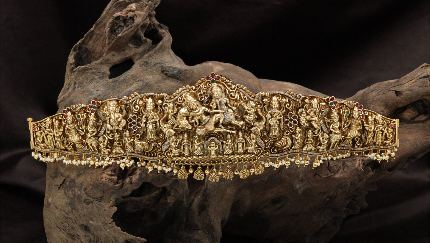Royal Shiva Parvathi Antique Dabu with Temple Figure Carvings and Fringe Border
