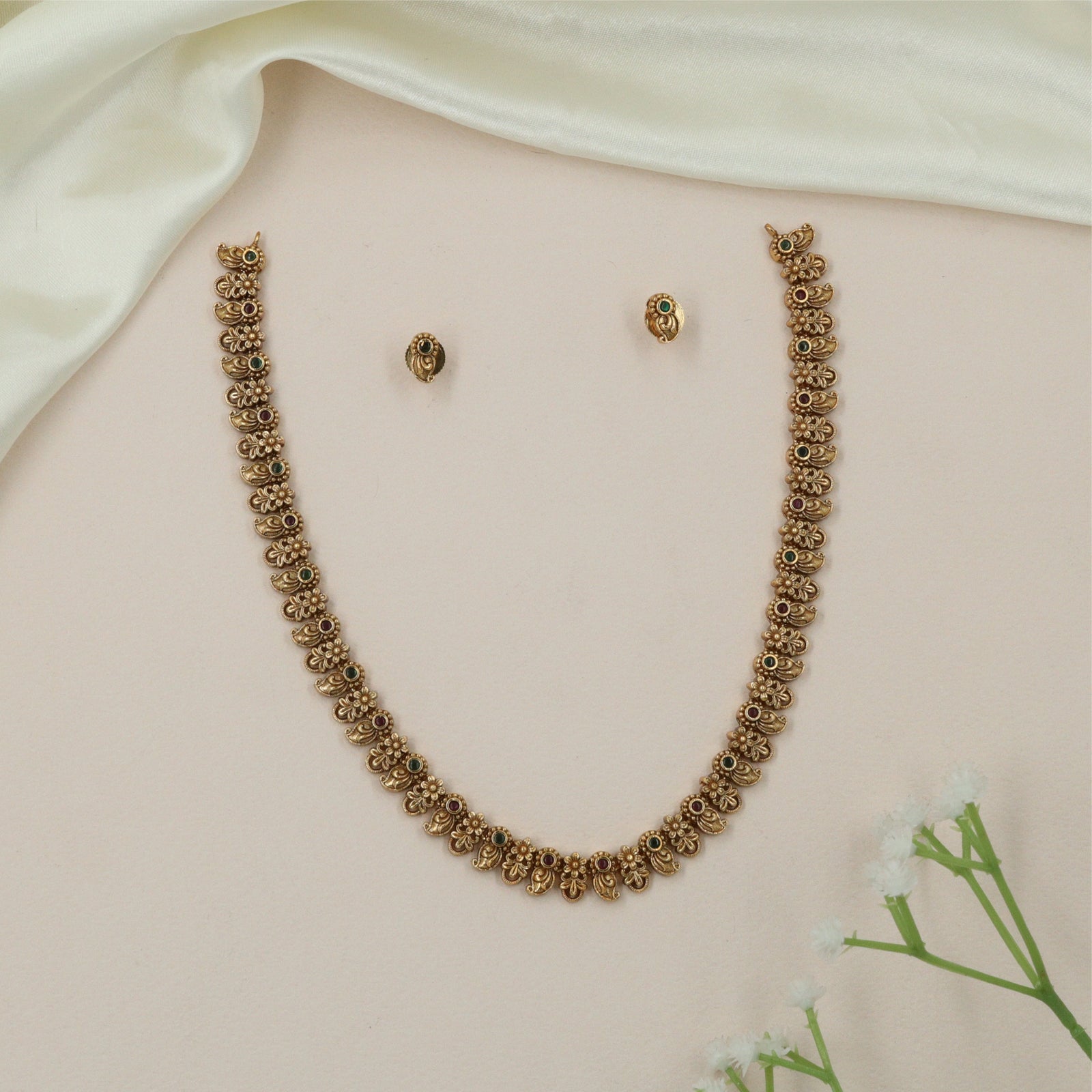 Carved Floral Antique Necklace with Repeating Side Panels