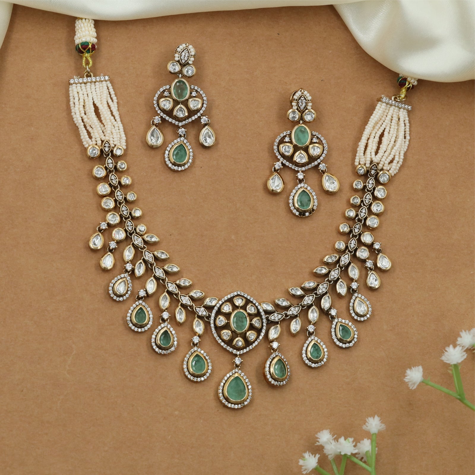 Pearl Drape Kundan Necklace with Leaf Link Drop Detailing