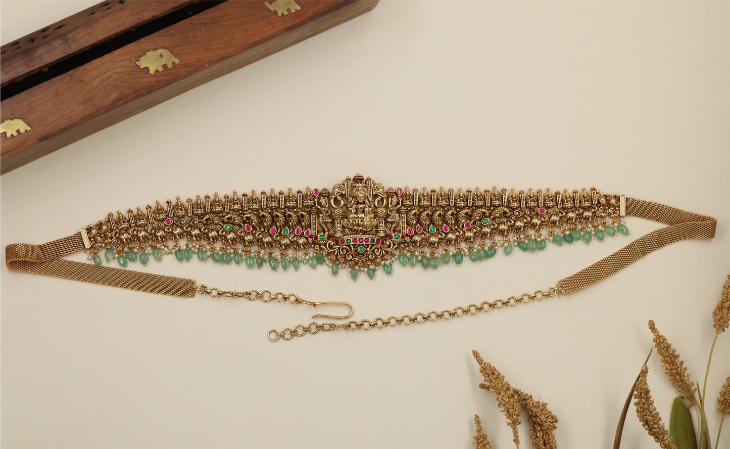 Auric Lakshmi Antique Waist Belt with Temple Crown Fringe Border
