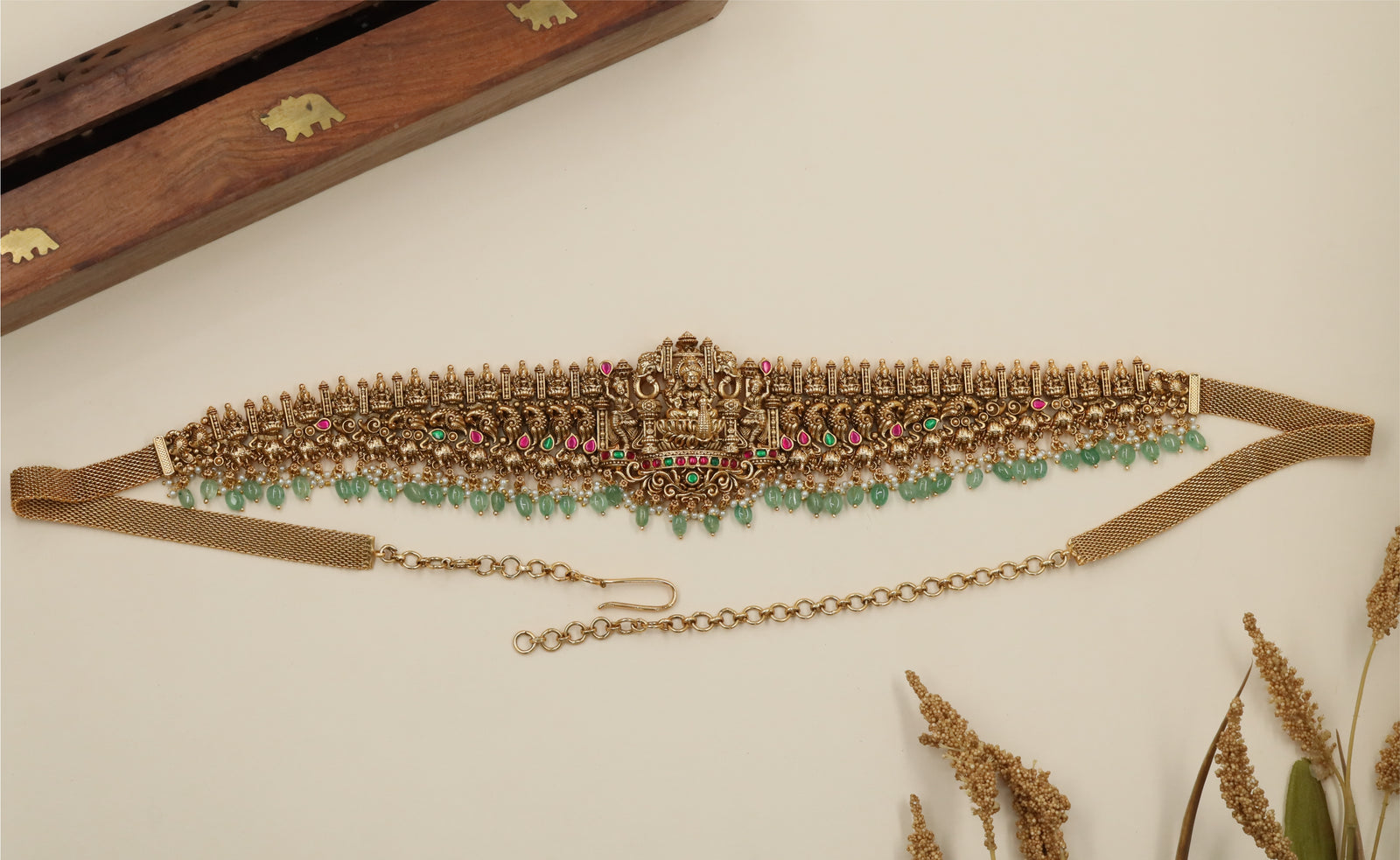 Auric Lakshmi Antique Waist Belt with Temple Crown Fringe Border