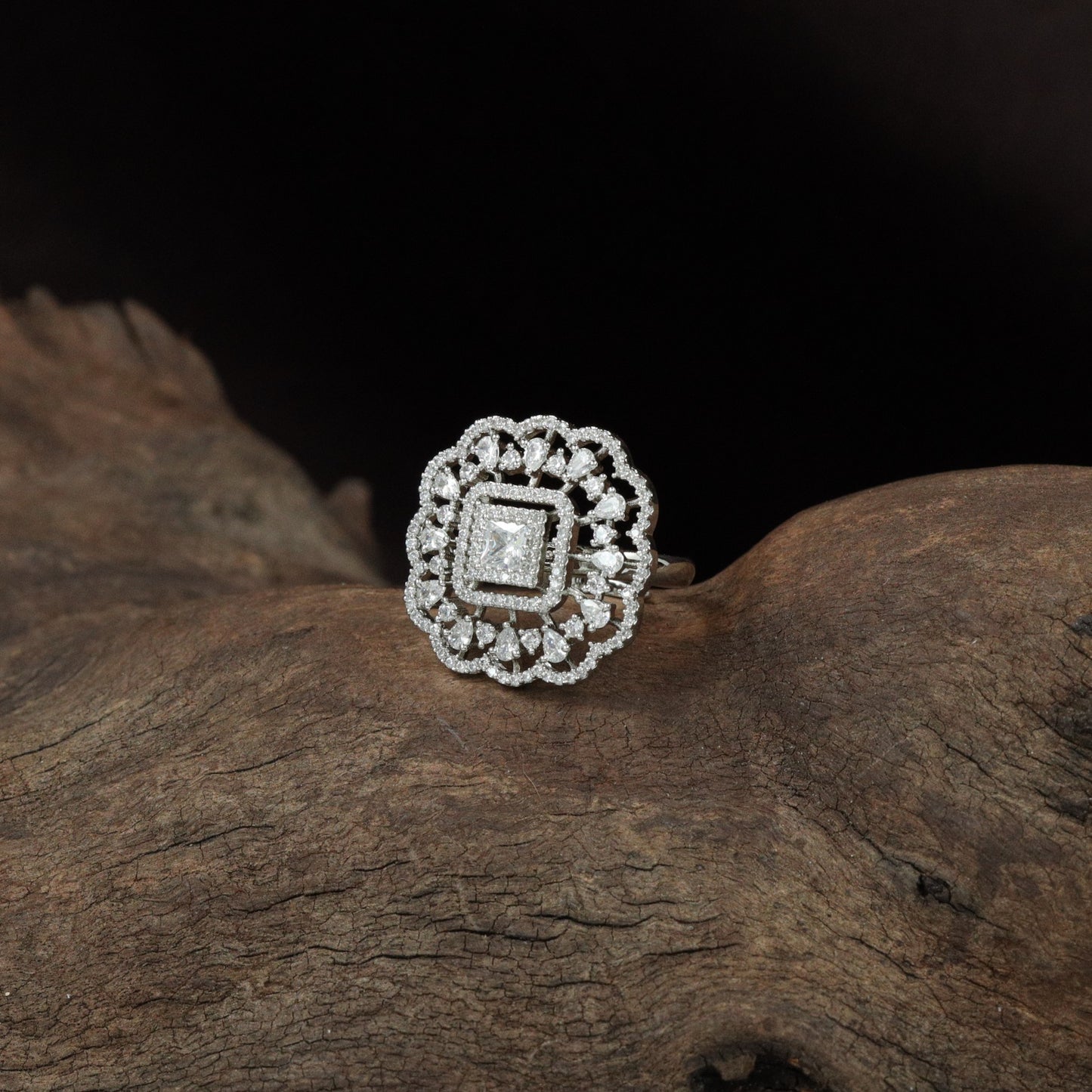 Aster Frame Finger Ring with Square Floral Border