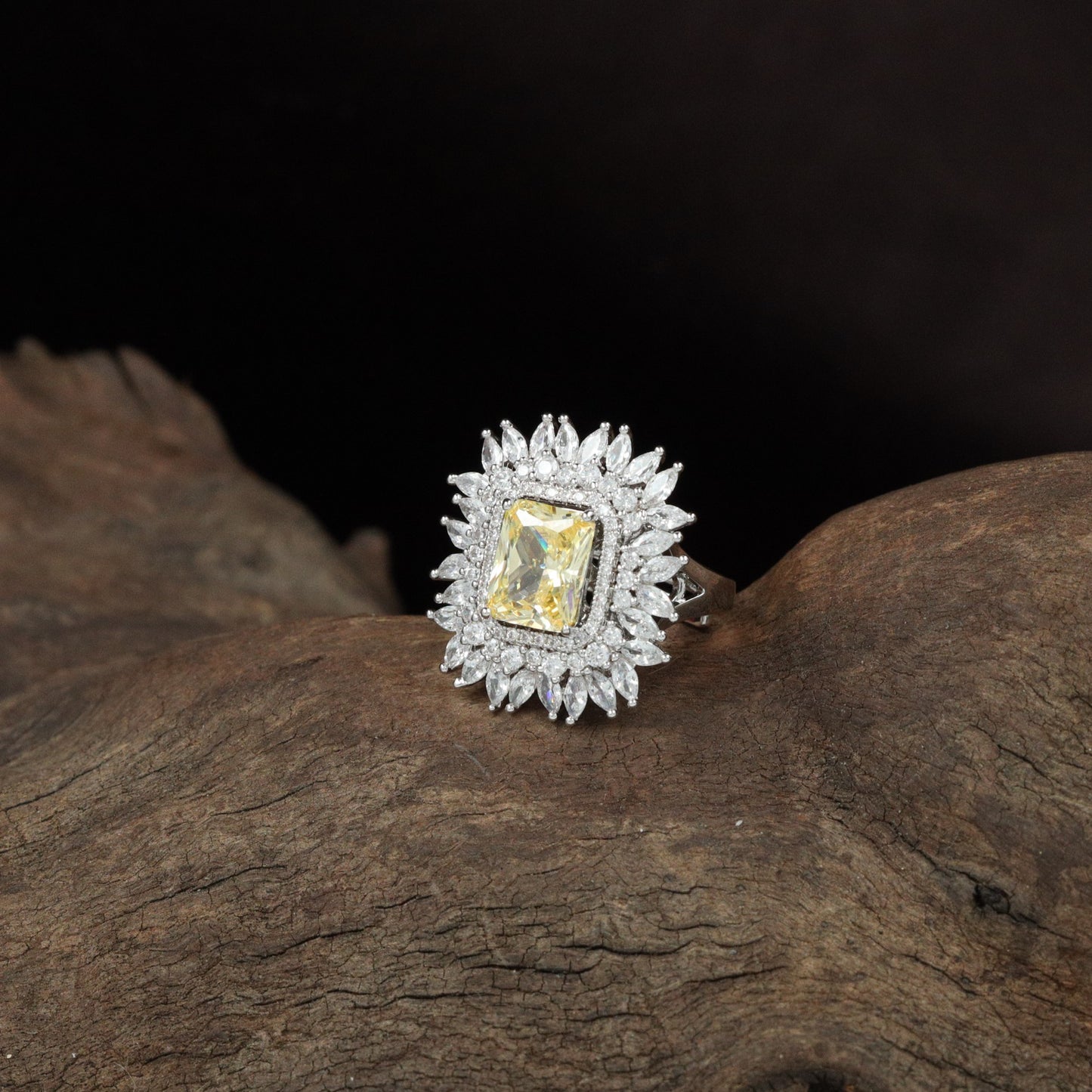 Intricate Orbit Finger Ring with Marquise Frame Styling