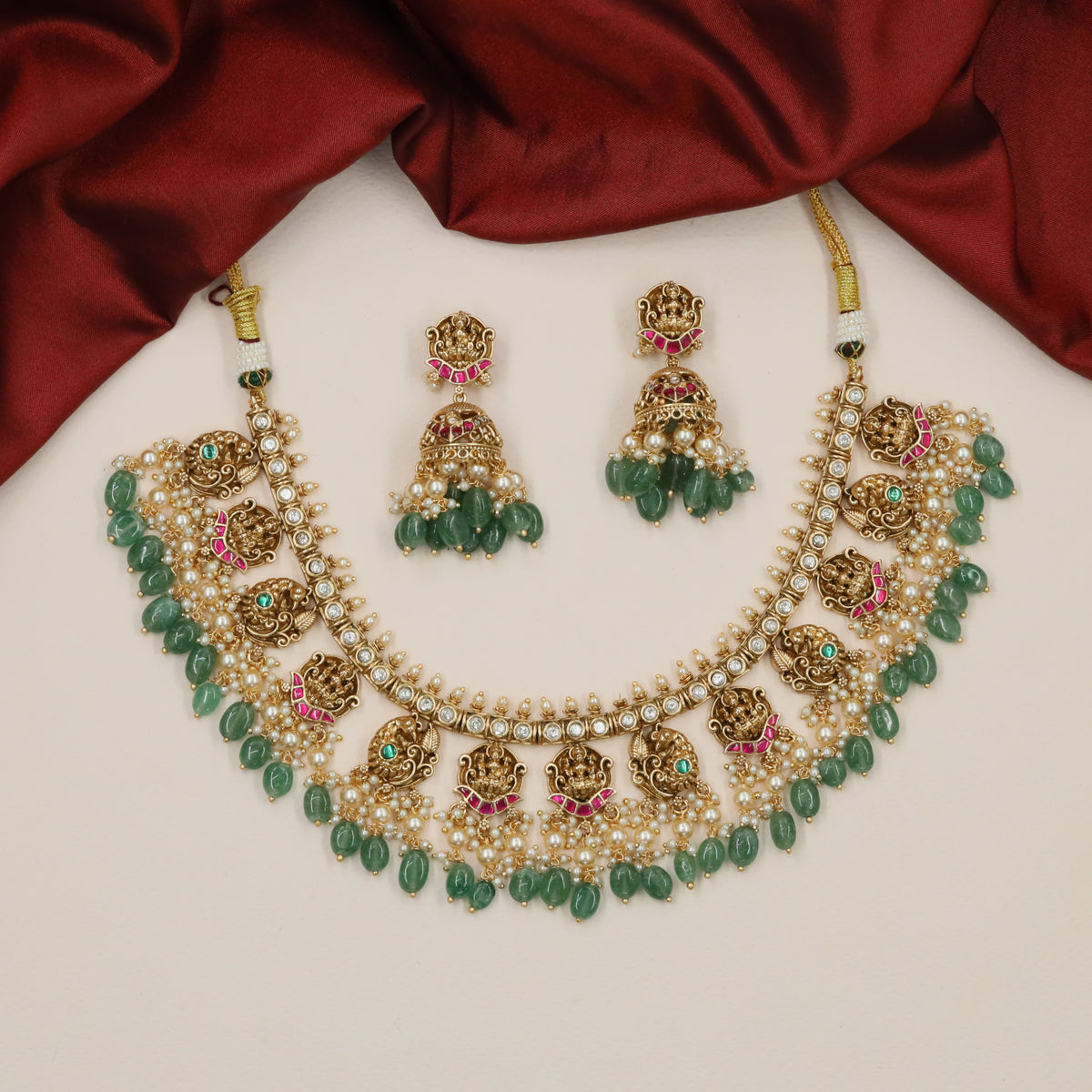 Luxury Border Work Antique Necklace with Curved Panel Styling and Pearl Hangings