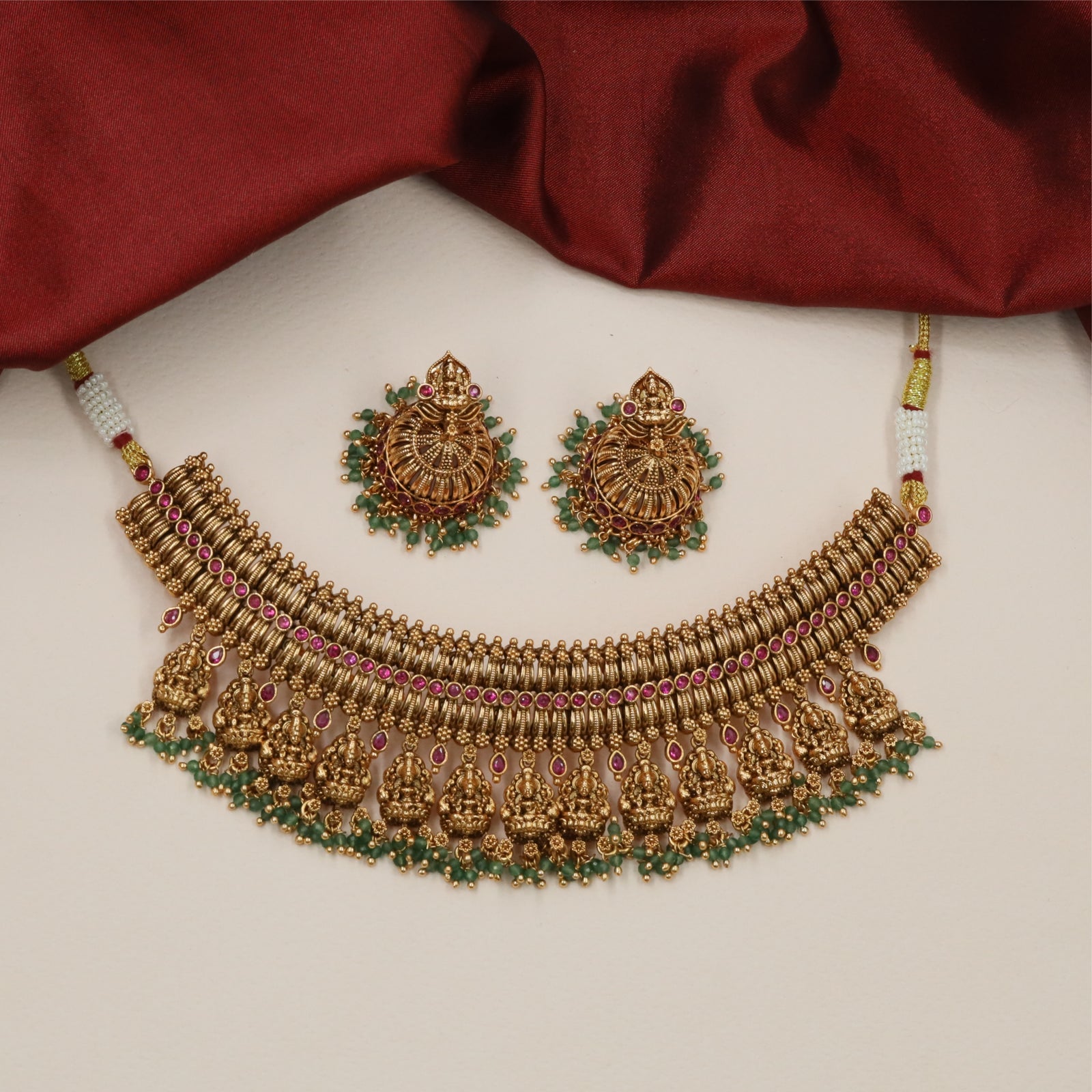 Royal Lakshmi Antique Choker with Hanging Temple Drops and Bead Border