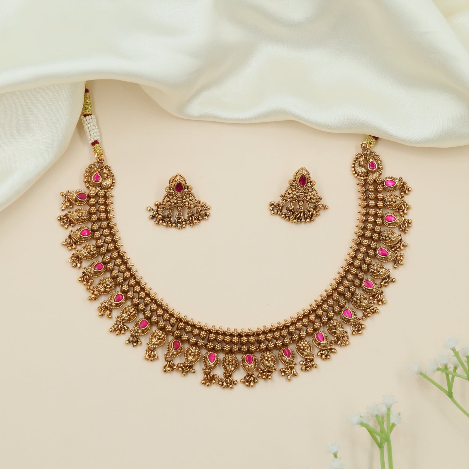 Premium Bead Work Necklace with Decorative Peacock Sections and Hanging Fringe