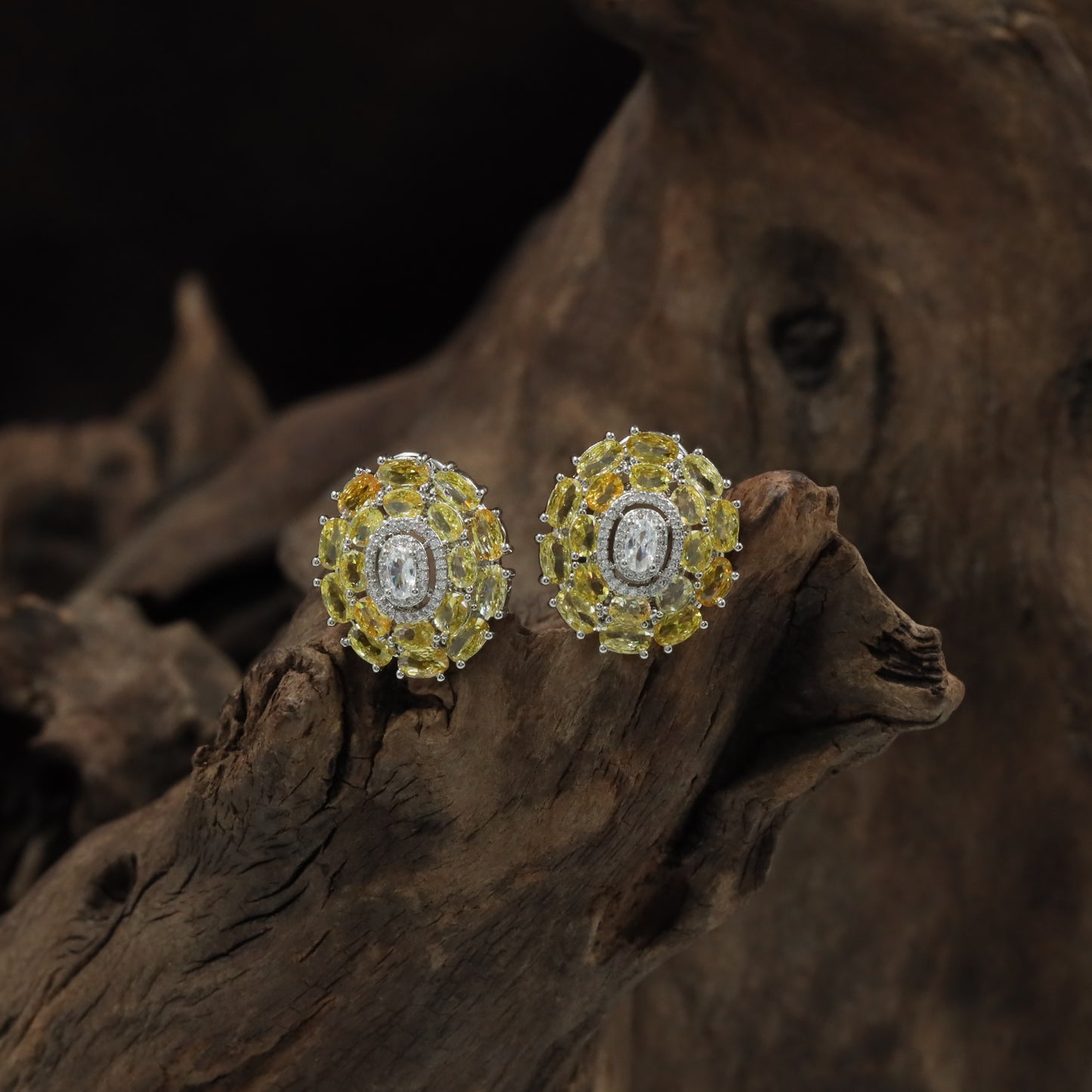 Harmony Cluster Rhodium Stud with Floral Oval Frame