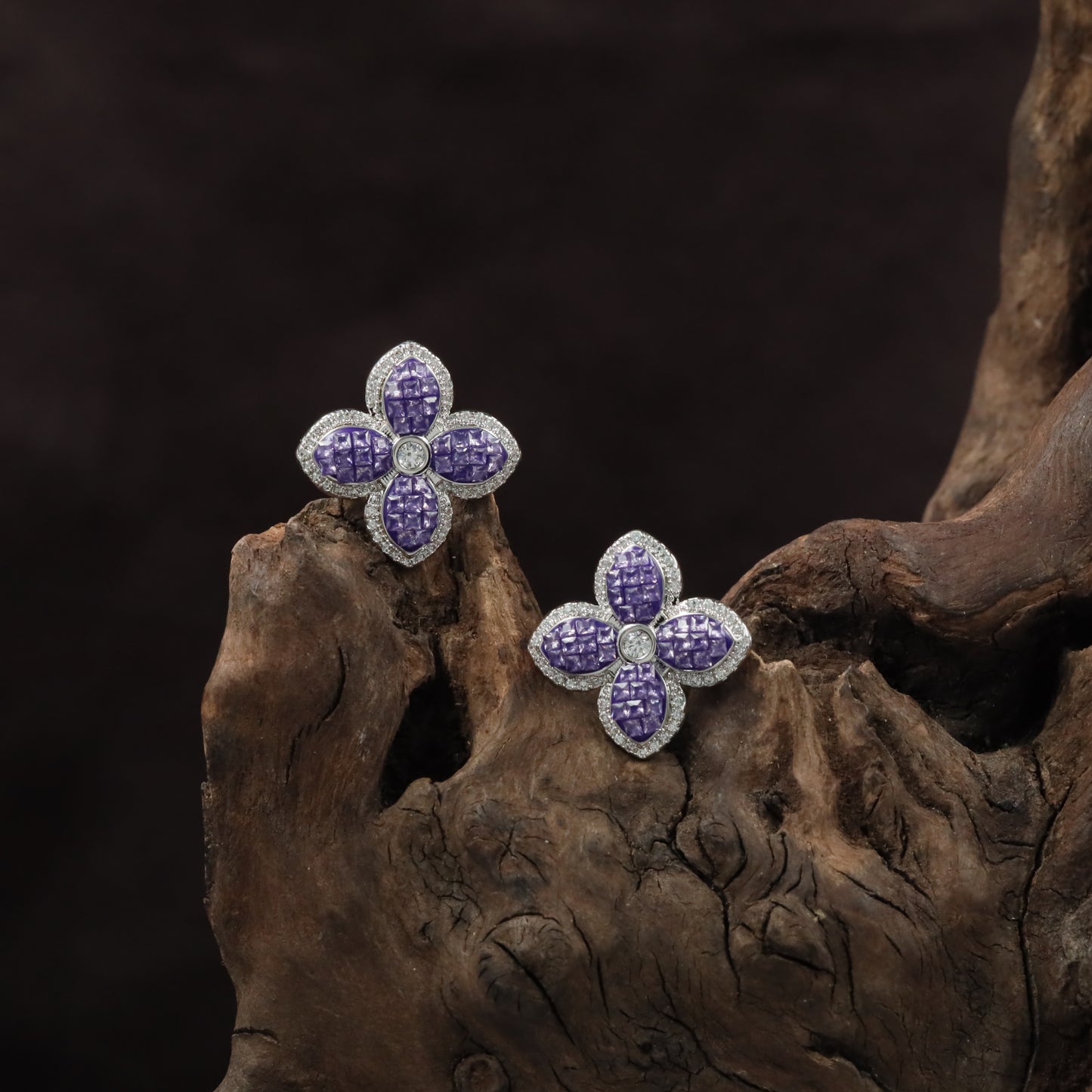 Bloom Petal Rhodium Stud with Rounded Flower Arrangement