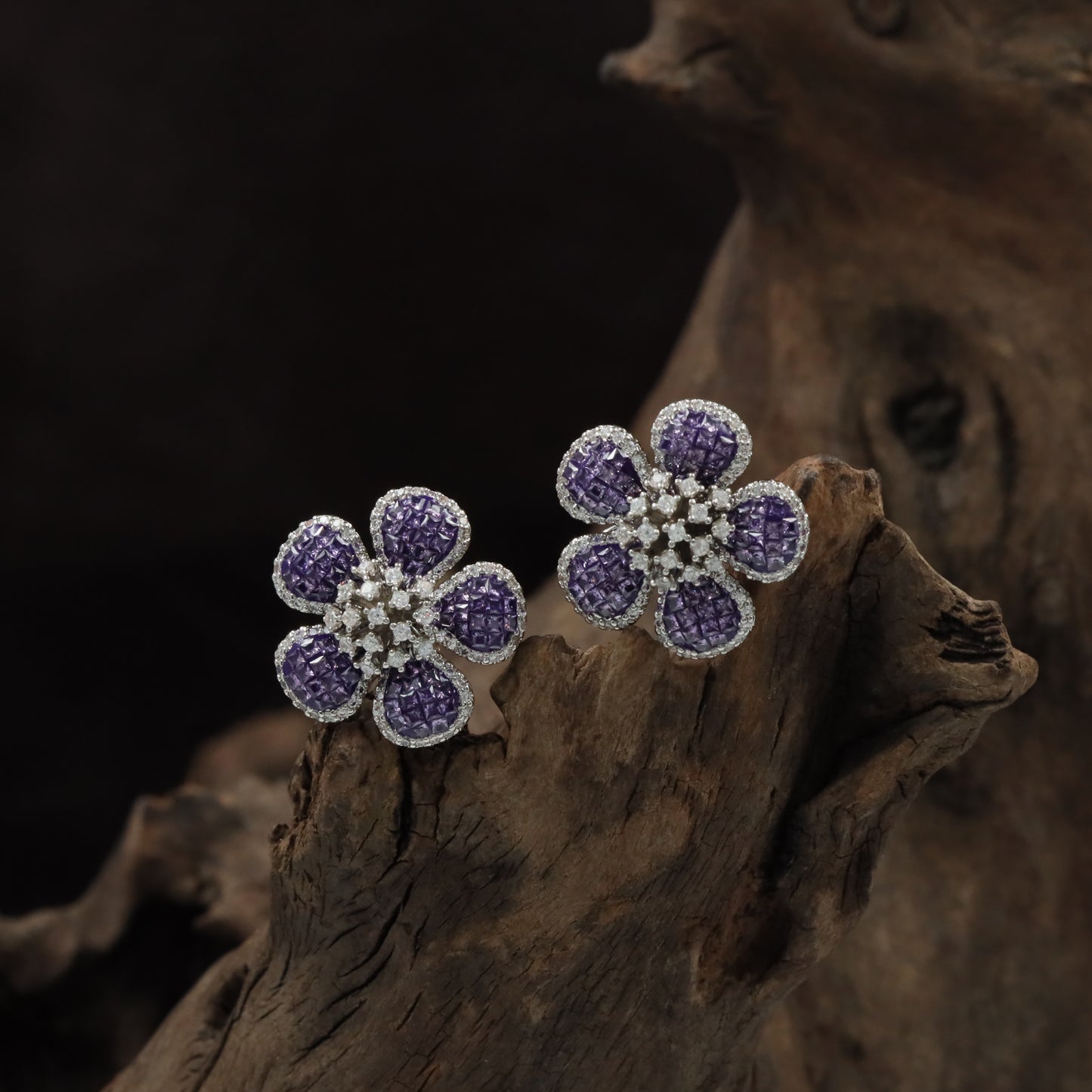 Crown Blossom Rhodium Stud with Rounded Petal Detailing