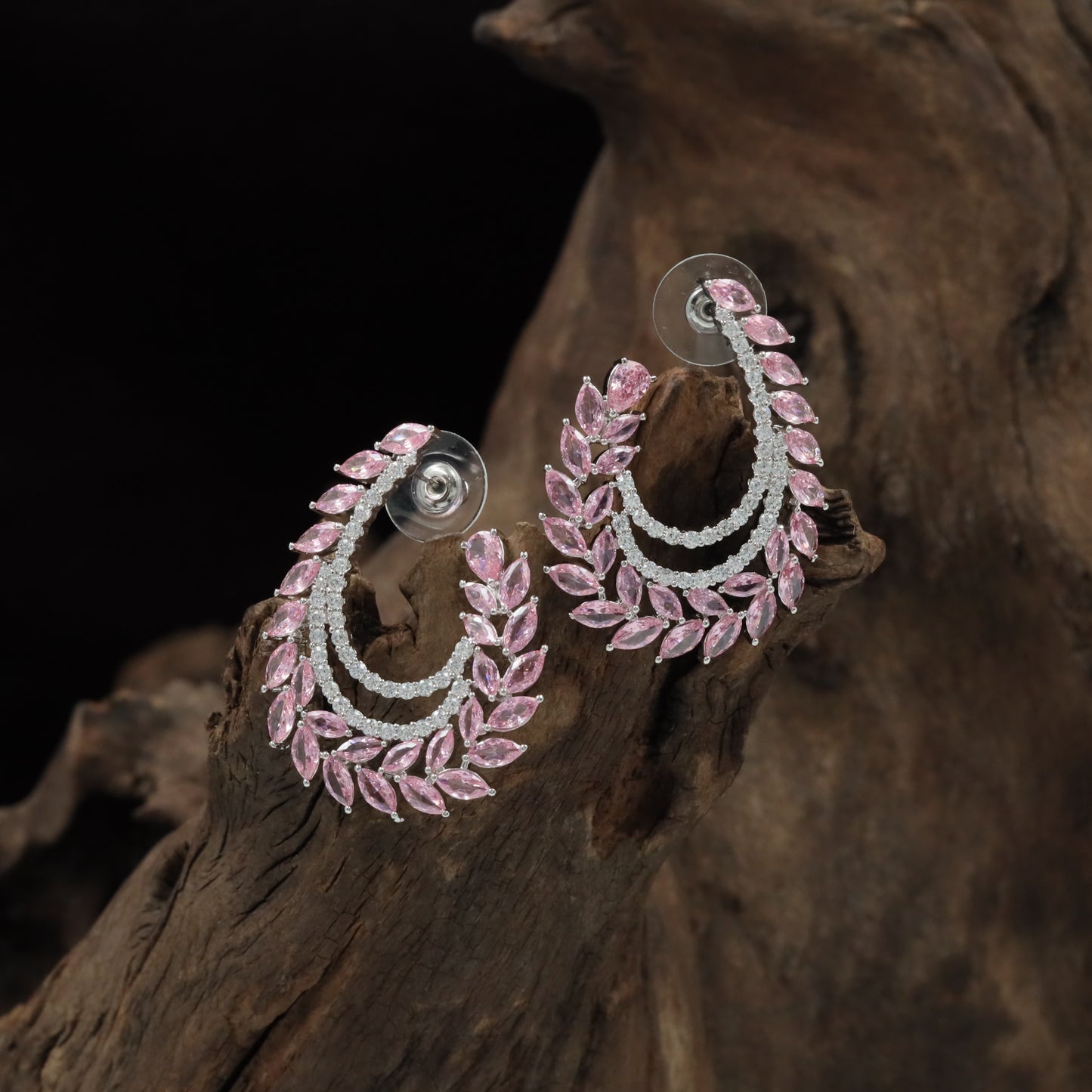 Floral Crescent Rhodium Stud with Double Layer Curve Styling