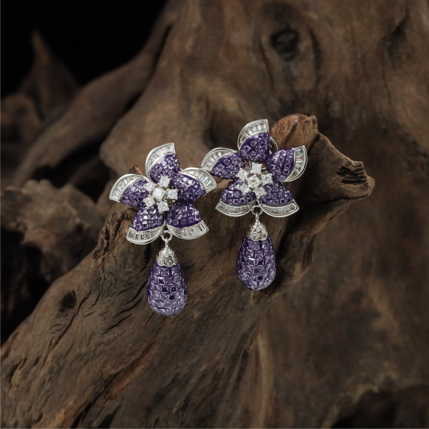 Traditional Flower Layout Rhodium Stud with Decorative Petal Detailing