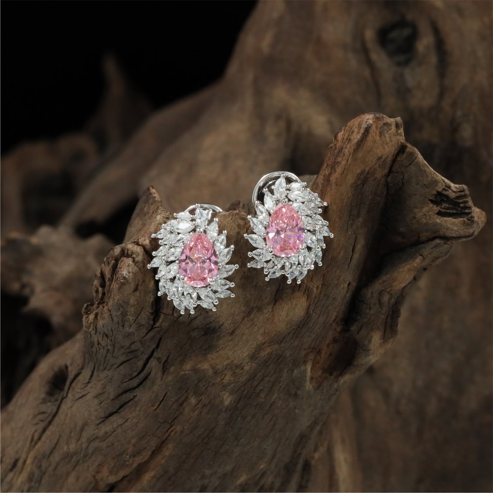 Regal Floral Border Rhodium Stud with Structured Halo Styling