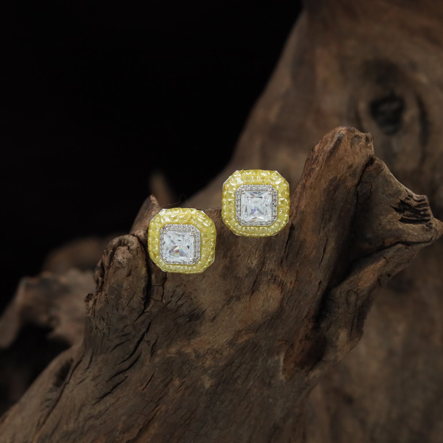 Cushion Frame Rhodium Stud with Textured Border Detailing