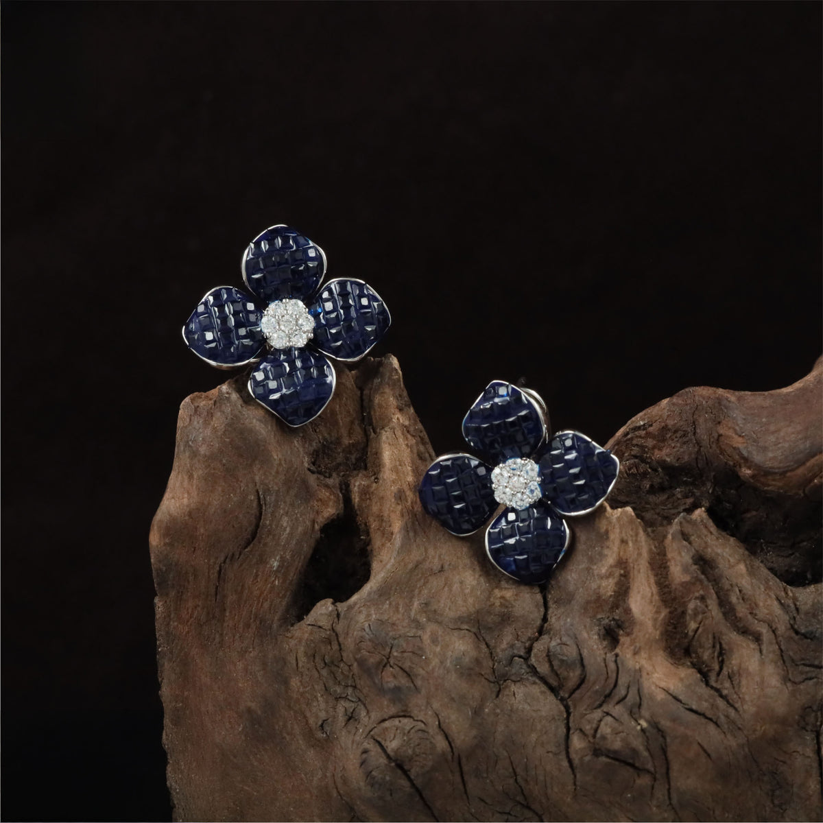 Floral Cluster Rhodium Studs With Sculptural Petal Work