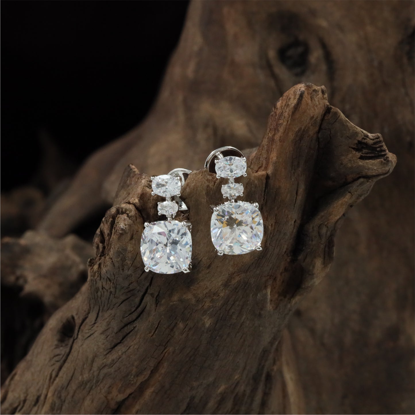 Premium Linked Drop Rhodium Stud with Square Centre Styling