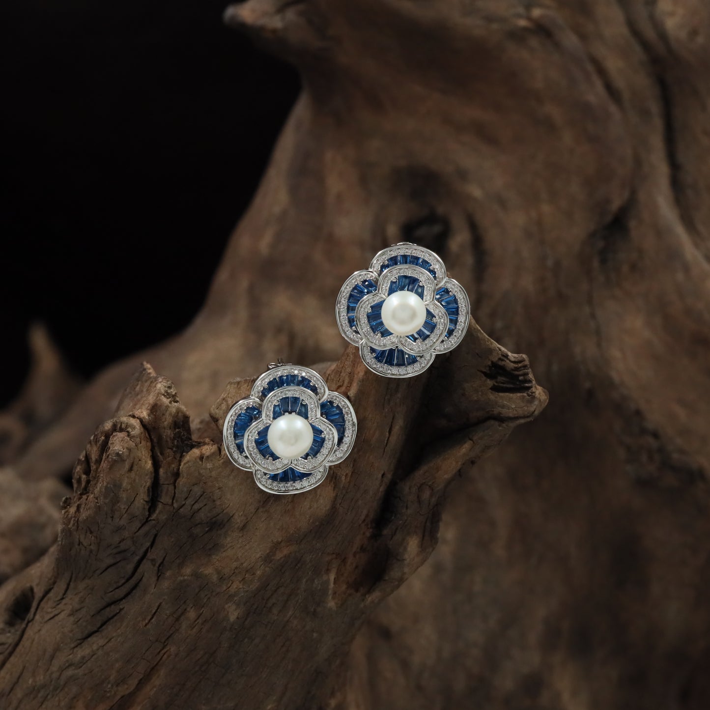 Delicate Floral Rhodium Stud with Structured Clover Arrangement