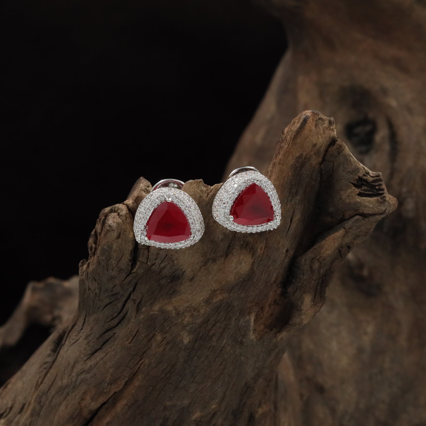 Royal Triangle Halo Rhodium Stud with Rounded Border Detailing