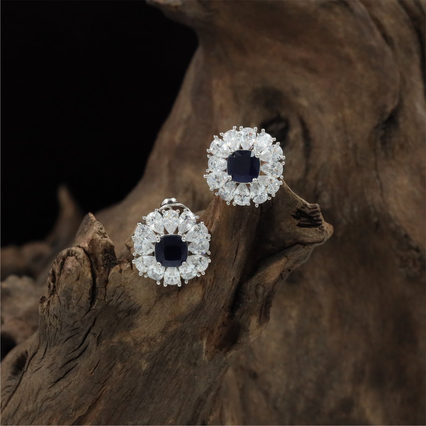 Premium Floral Cluster Rhodium Stud with Cushion Centre Layout