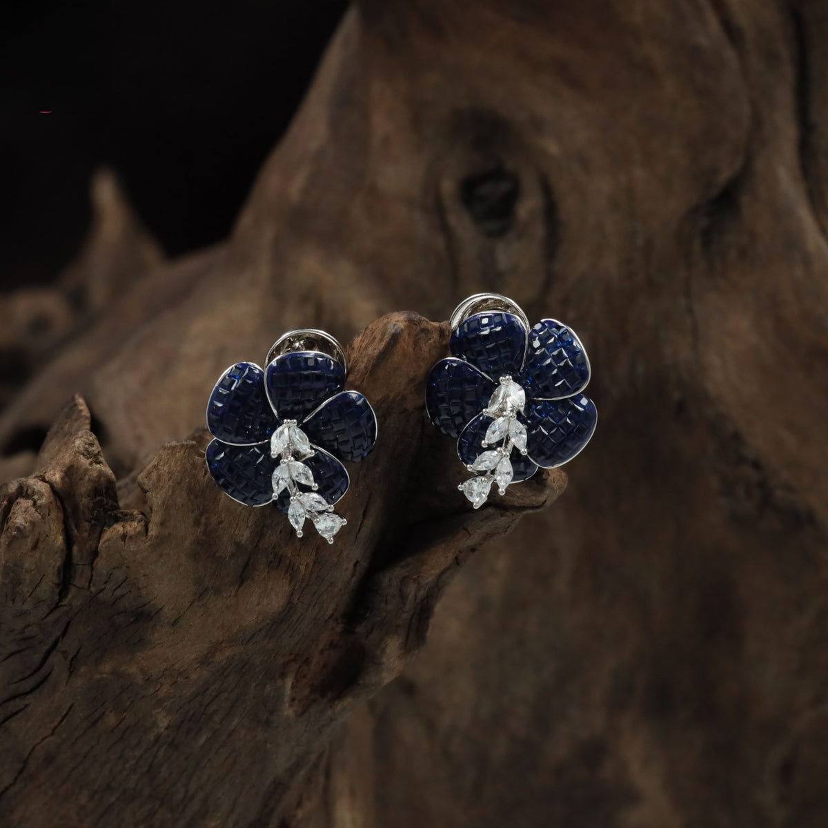 Floral Cluster Rhodium Studs With Sculpted Petal Design