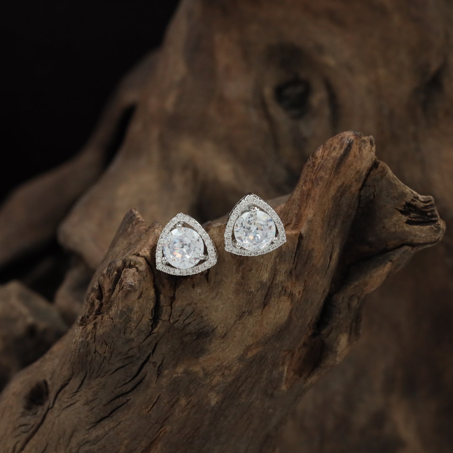 Trillion Cut Rhodium Stud with Double Frame Detailing