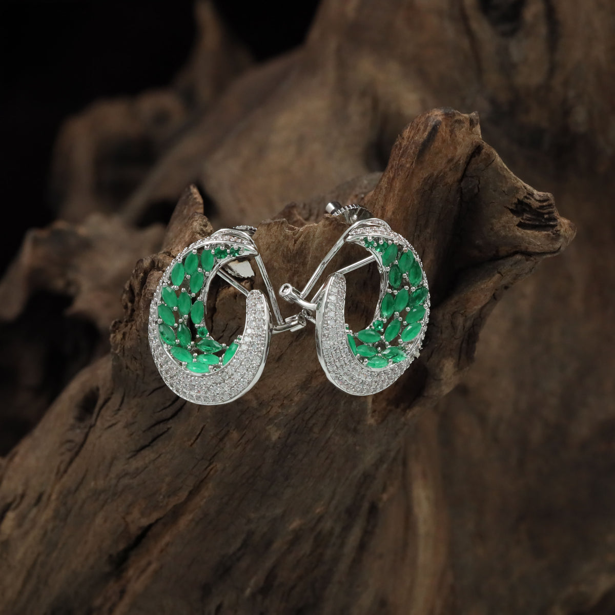 Dual-Tone Stone Crescent Rhodium Studs With Intricate Setting