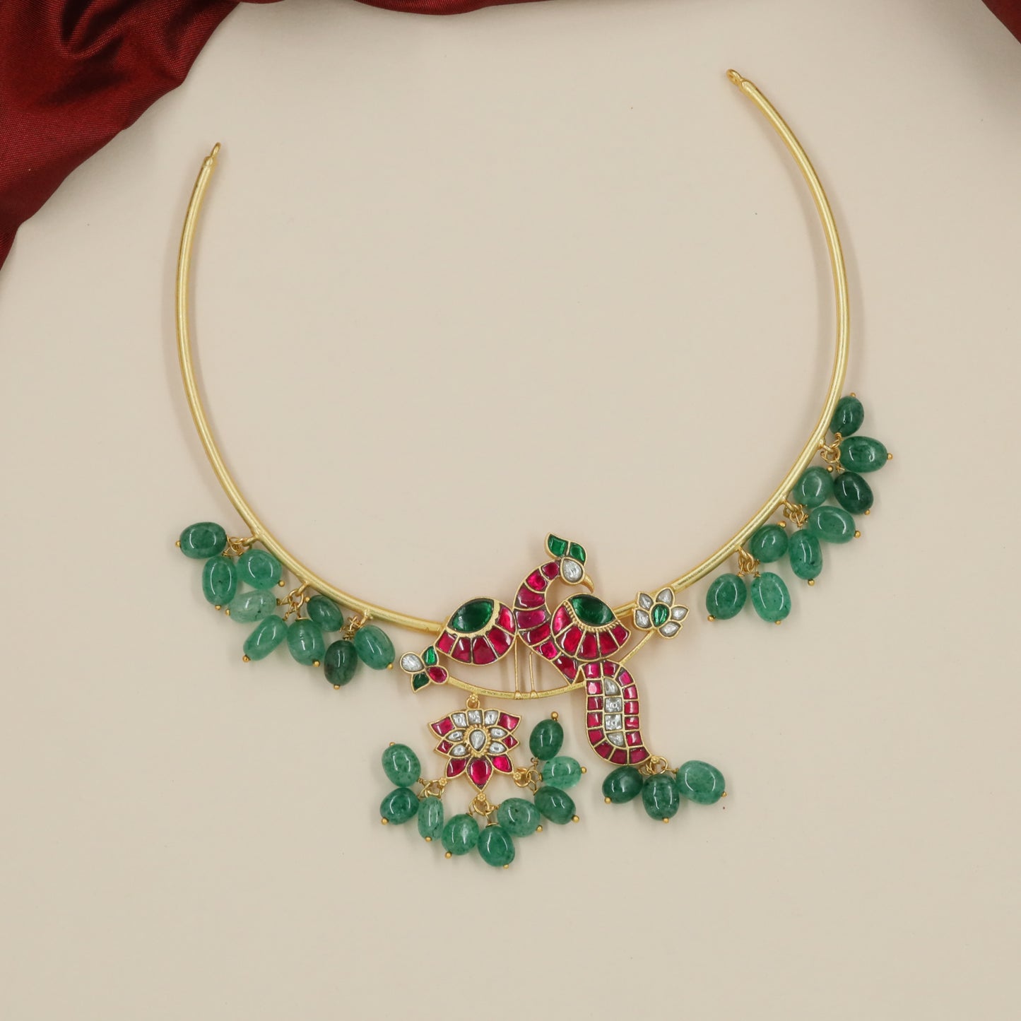 Crescent Peacock Jadau Necklace with Hanging Drop Fringe