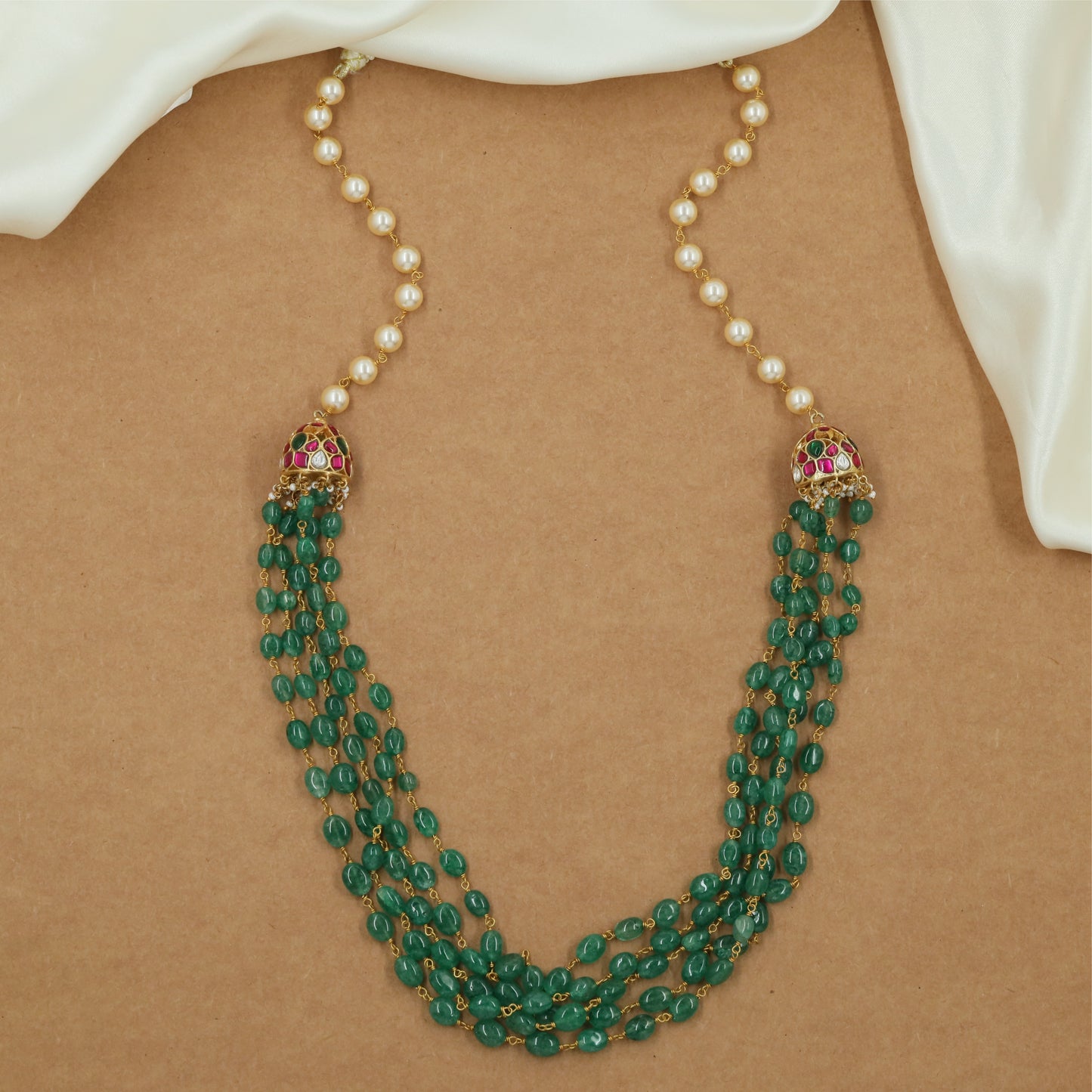 Luxury Bead Cascade Jadau Beads Long Haara with Pearl Chain Detail