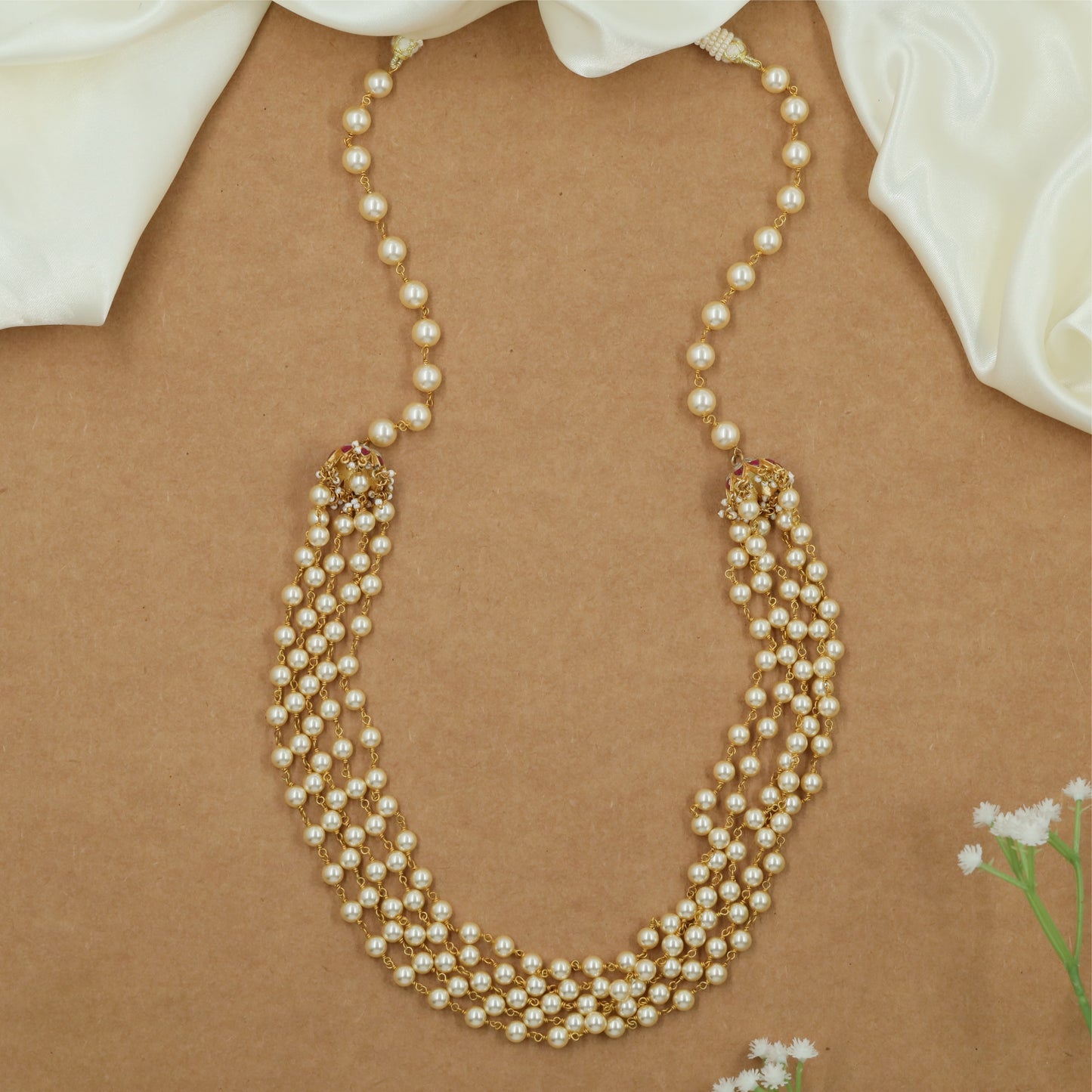 Luxury Pearl Fall Jadau Beads Long Haara with Broad Curved Layout