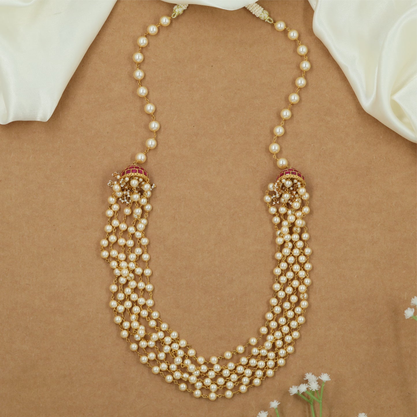 Grand Beadline Jadau Beads Long Haara with Layered Curved Strands and Side Detailing