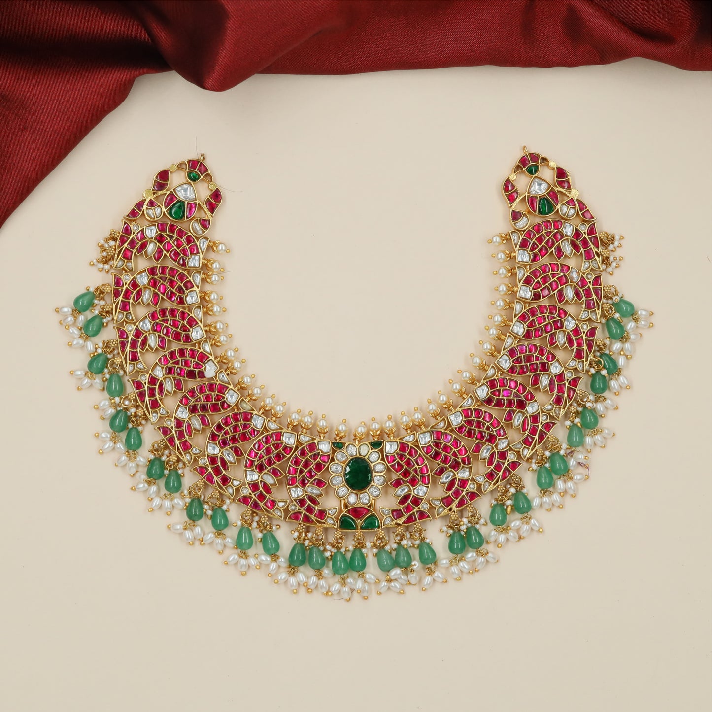 Premium Stone Frame Jadau Necklace with Fish Motif Layout