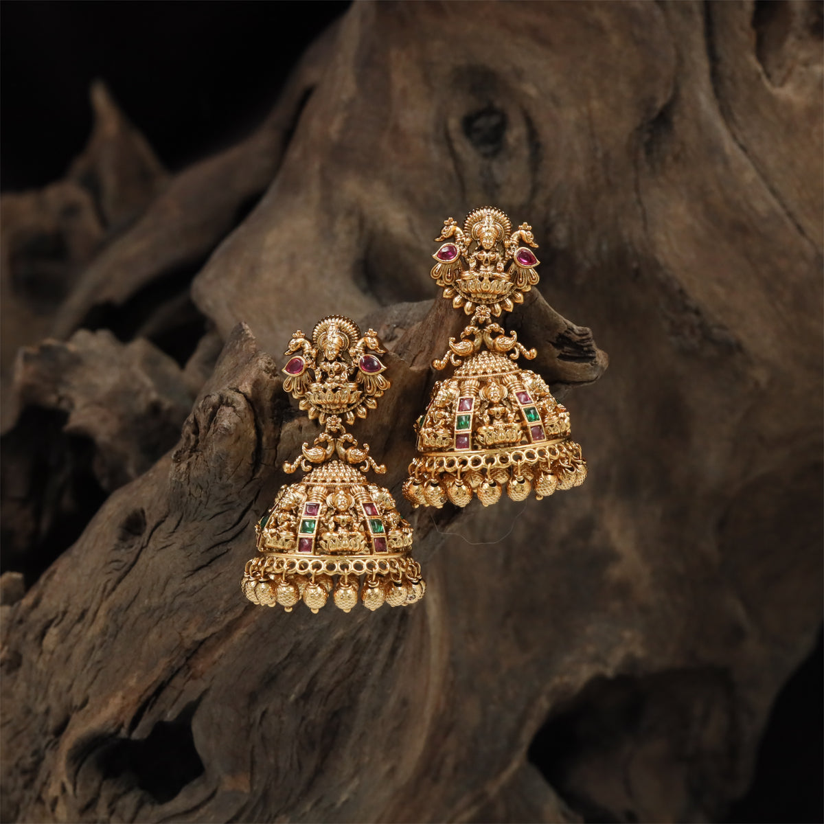 Floral Lakshmi Antique Jumka with Structured Temple Crown and Layered Surface Work