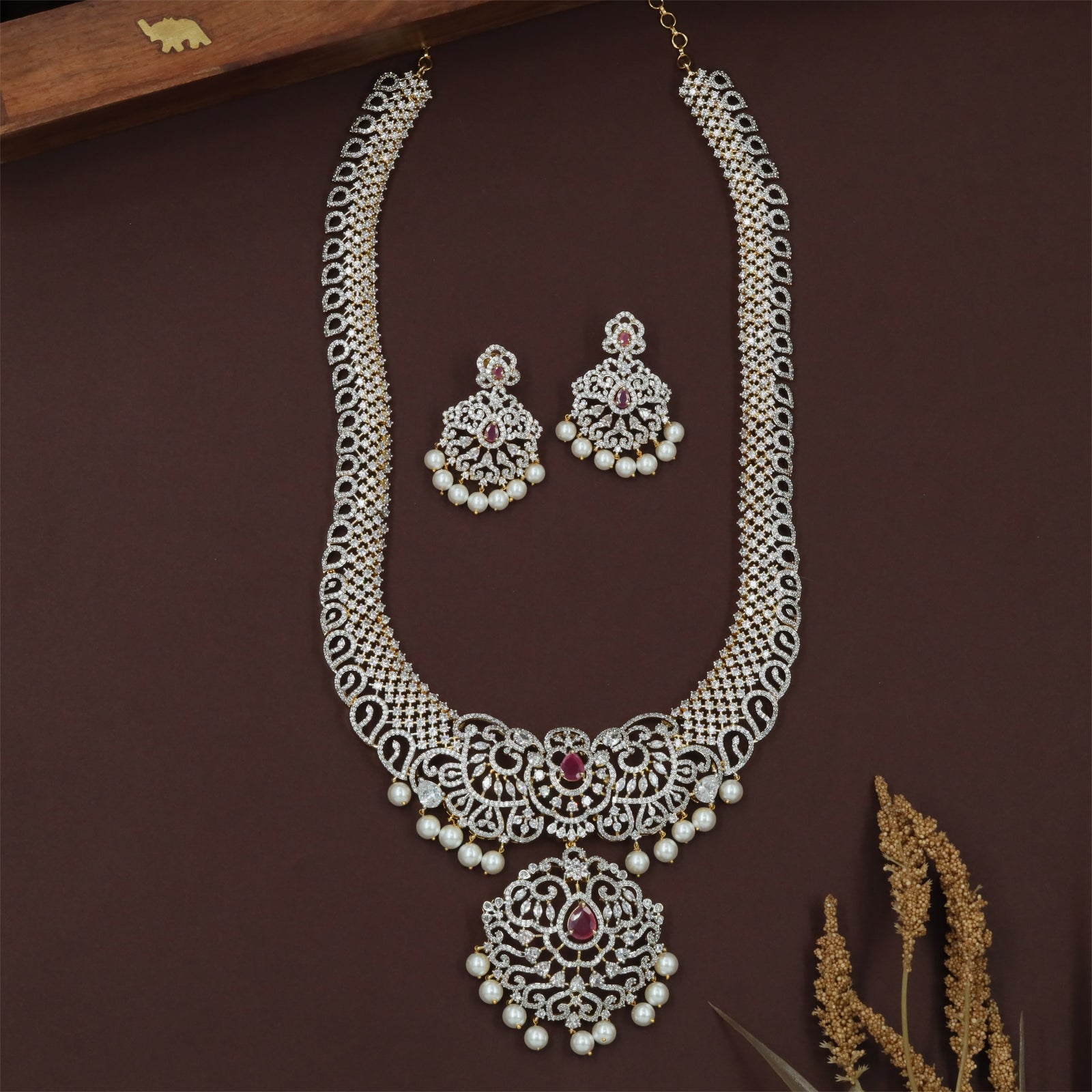 Royal Gj Necklace with Layered Stone Rows and Hanging Pearl Fringe