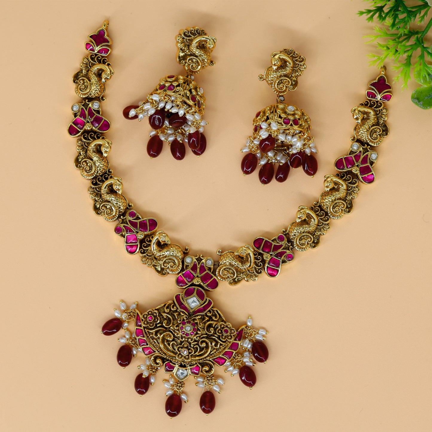 Temple Style Peacock Necklace with Pendant and Beads
