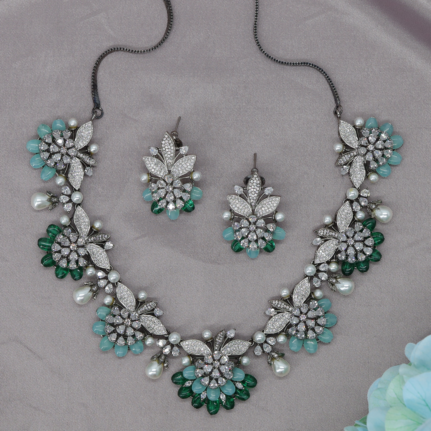 Floral Cluster Oxidised Necklace Set with Leaf Detailing and Drop Accents