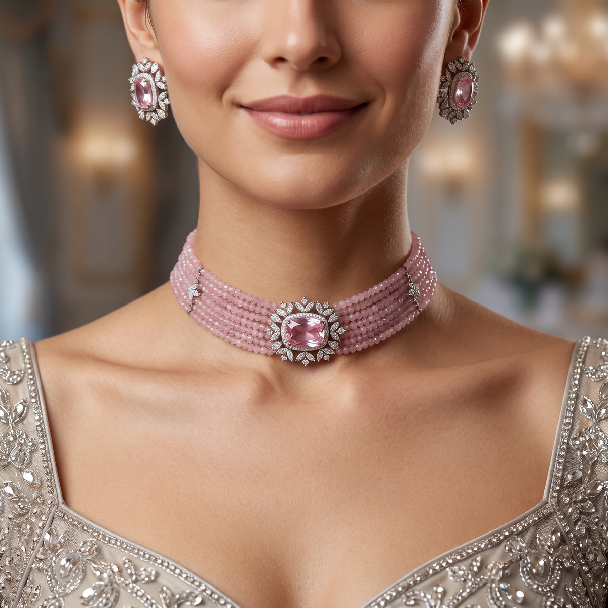 Veloria Delicate Bead Collar Choker with Sculpted Oval Centerpiece