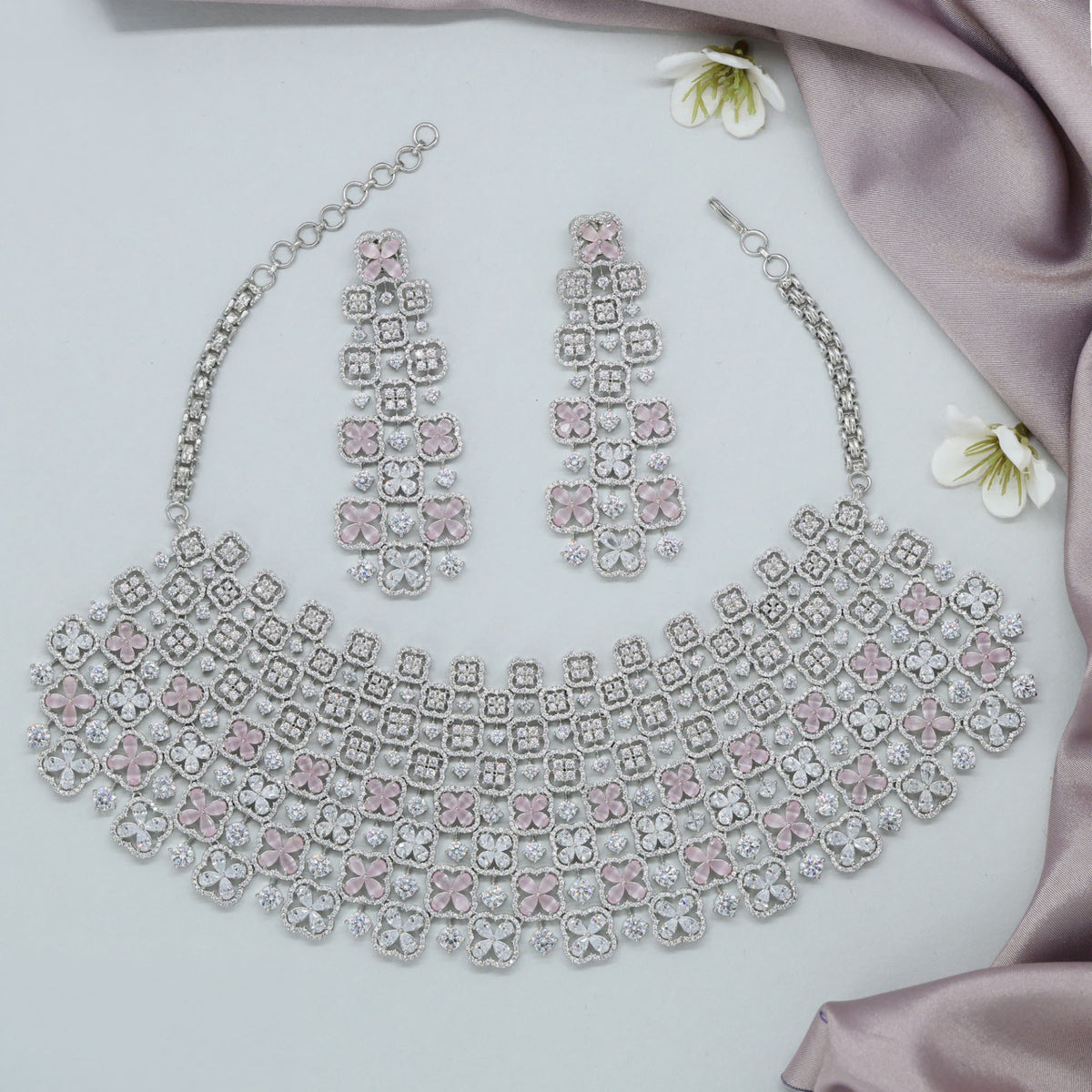 Rhodium choker set with intricate flower-shaped detailing