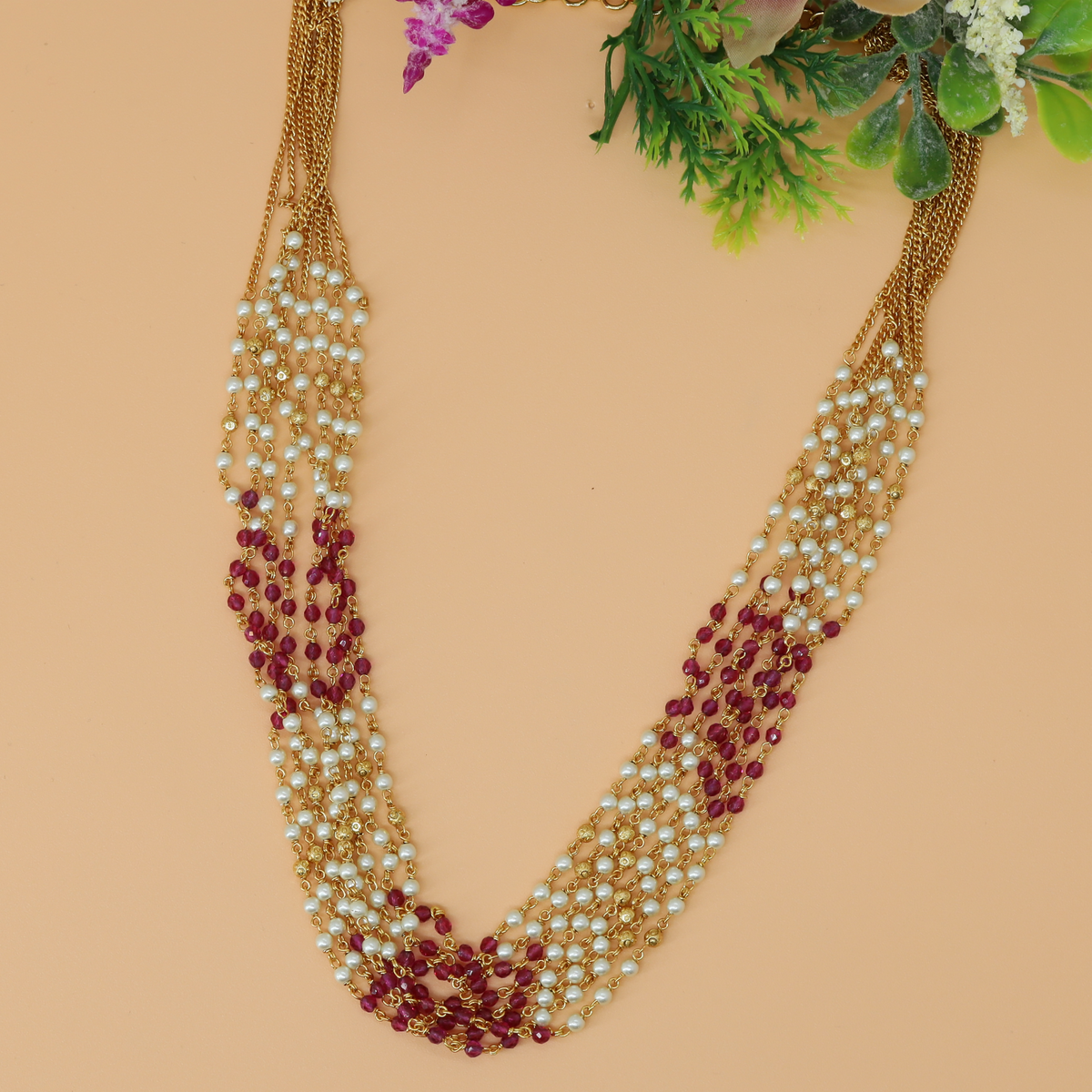 Graceful Multi Strand Beaded Long Chain Necklace with Decorative Bead Clusters