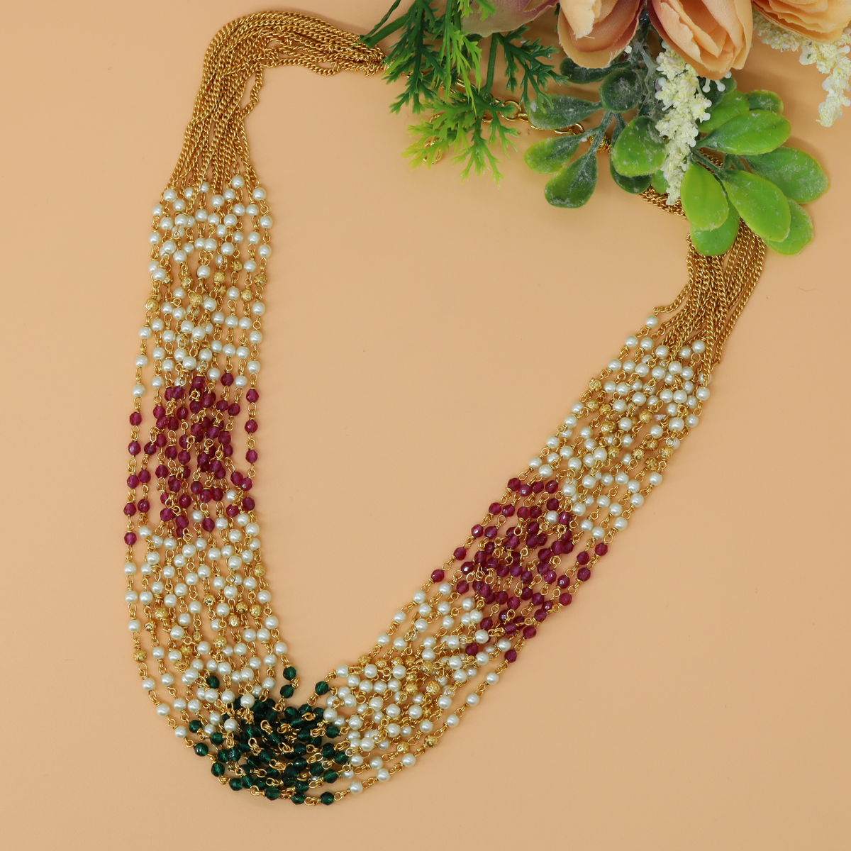 Grand Multi Strand Beaded Long Chain with Clustered Bead Sections