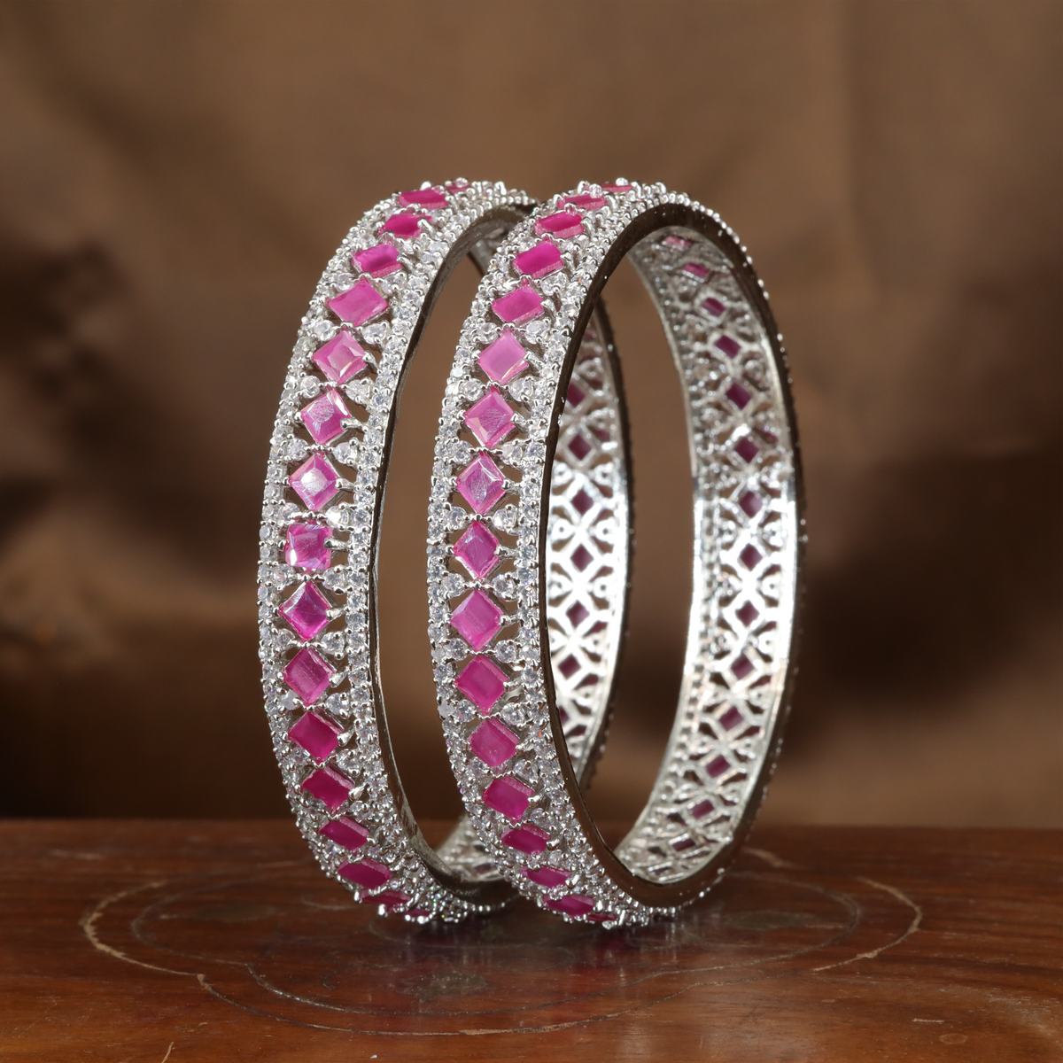 Structured Diamond Panel Rhodium Bangles with Textured Border Detailing