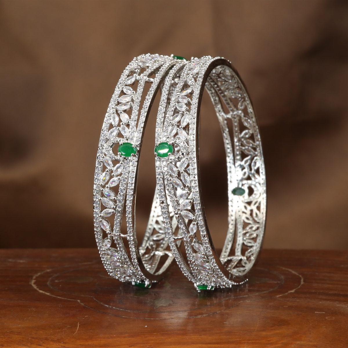 Whispering Leaf Pattern Rhodium Bangles with Open Frame Detailing